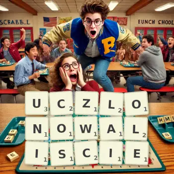 Kreatywna ilustracja do gry w Scrabble ze słowem UCZLONOWALISCIE ułożonym z płytek na planszy.