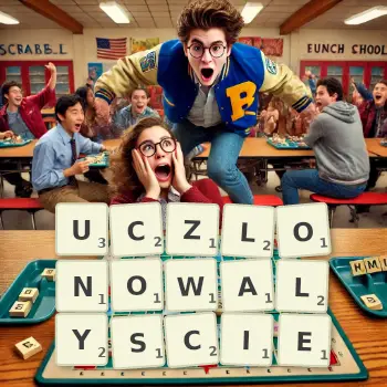 Kreatywna ilustracja do gry w Scrabble ze słowem UCZLONOWALYSCIE ułożonym z płytek na planszy.