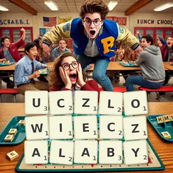 Kreatywna ilustracja do gry w Scrabble ze słowem UCZLOWIECZALABY ułożonym z płytek na planszy.