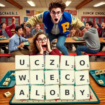 Kreatywna ilustracja do gry w Scrabble ze słowem UCZLOWIECZALOBY ułożonym z płytek na planszy.