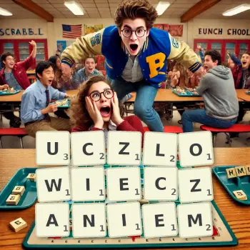 Kreatywna ilustracja do gry w Scrabble ze słowem UCZLOWIECZANIEM ułożonym z płytek na planszy.