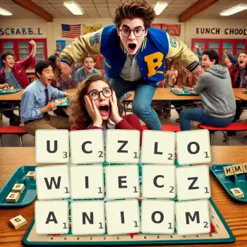 Kreatywna ilustracja do gry w Scrabble ze słowem UCZLOWIECZANIOM ułożonym z płytek na planszy.