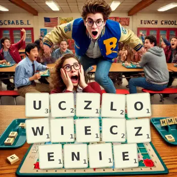 Kreatywna ilustracja do gry w Scrabble ze słowem UCZLOWIECZENIE ułożonym z płytek na planszy.