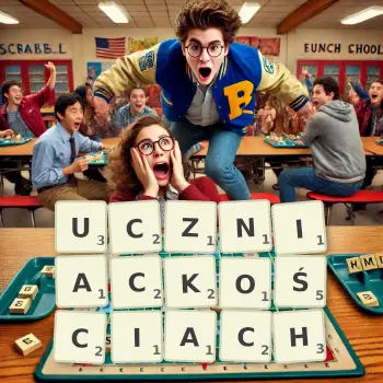 Kreatywna ilustracja do gry w Scrabble ze słowem UCZNIACKOŚCIACH ułożonym z płytek na planszy.