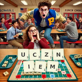 Kreatywna ilustracja do gry w Scrabble ze słowem UCZNIEM ułożonym z płytek na planszy.