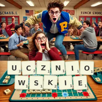 Kreatywna ilustracja do gry w Scrabble ze słowem UCZNIOWSKIE ułożonym z płytek na planszy.