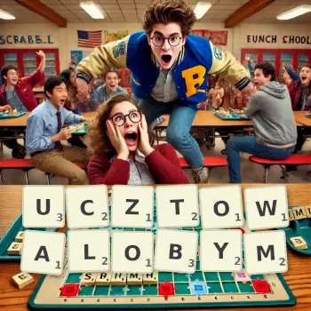 Kreatywna ilustracja do gry w Scrabble ze słowem UCZTOWALOBYM ułożonym z płytek na planszy.