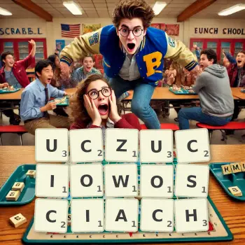 Kreatywna ilustracja do gry w Scrabble ze słowem UCZUCIOWOSCIACH ułożonym z płytek na planszy.