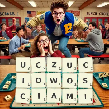 Kreatywna ilustracja do gry w Scrabble ze słowem UCZUCIOWOSCIAMI ułożonym z płytek na planszy.