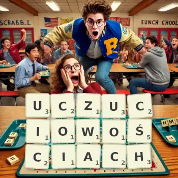 Kreatywna ilustracja do gry w Scrabble ze słowem UCZUCIOWOŚCIACH ułożonym z płytek na planszy.