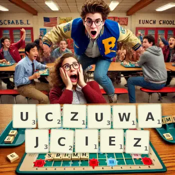 Kreatywna ilustracja do gry w Scrabble ze słowem UCZUWAJCIEZ ułożonym z płytek na planszy.