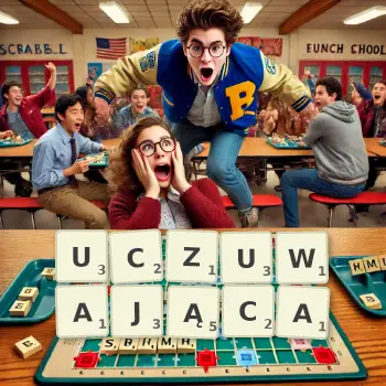 Kreatywna ilustracja do gry w Scrabble ze słowem UCZUWAJĄCA ułożonym z płytek na planszy.