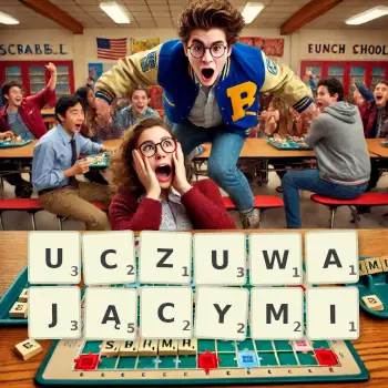 Kreatywna ilustracja do gry w Scrabble ze słowem UCZUWAJĄCYMI ułożonym z płytek na planszy.