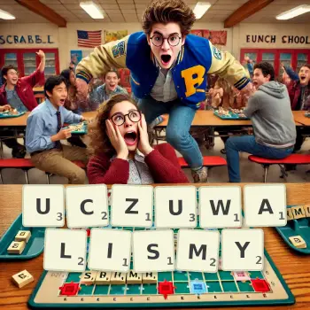 Kreatywna ilustracja do gry w Scrabble ze słowem UCZUWALISMY ułożonym z płytek na planszy.