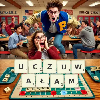 Kreatywna ilustracja do gry w Scrabble ze słowem UCZUWAŁAM ułożonym z płytek na planszy.