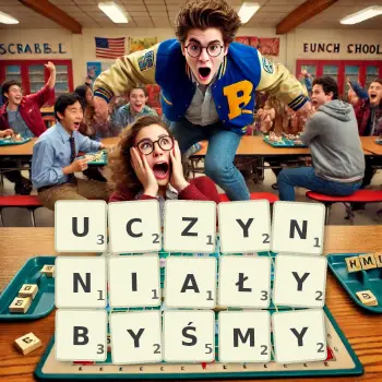 Kreatywna ilustracja do gry w Scrabble ze słowem UCZYNNIAŁYBYŚMY ułożonym z płytek na planszy.