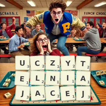 Kreatywna ilustracja do gry w Scrabble ze słowem UCZYTELNIAJACEJ ułożonym z płytek na planszy.