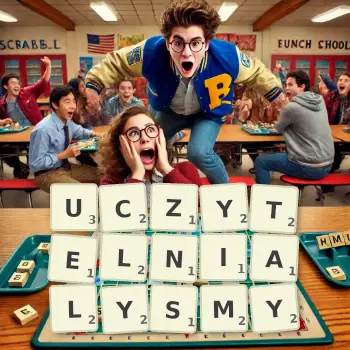 Kreatywna ilustracja do gry w Scrabble ze słowem UCZYTELNIALYSMY ułożonym z płytek na planszy.