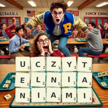 Kreatywna ilustracja do gry w Scrabble ze słowem UCZYTELNIANIAMI ułożonym z płytek na planszy.