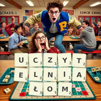 Kreatywna ilustracja do gry w Scrabble ze słowem UCZYTELNIAŁOM ułożonym z płytek na planszy.