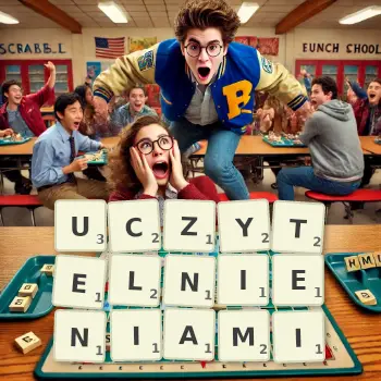 Kreatywna ilustracja do gry w Scrabble ze słowem UCZYTELNIENIAMI ułożonym z płytek na planszy.