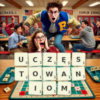 Kreatywna ilustracja do gry w Scrabble ze słowem UCZĘSTOWANIOM ułożonym z płytek na planszy.