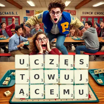 Kreatywna ilustracja do gry w Scrabble ze słowem UCZĘSTOWUJĄCEMU ułożonym z płytek na planszy.