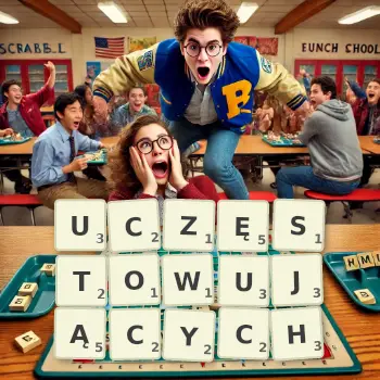 Kreatywna ilustracja do gry w Scrabble ze słowem UCZĘSTOWUJĄCYCH ułożonym z płytek na planszy.