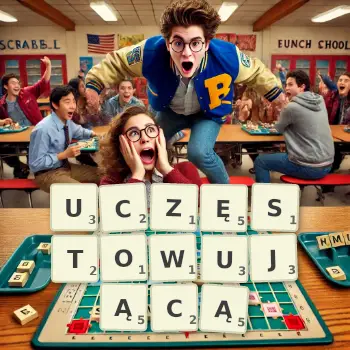 Kreatywna ilustracja do gry w Scrabble ze słowem UCZĘSTOWUJĄCĄ ułożonym z płytek na planszy.