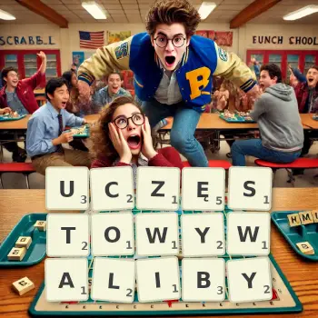 Kreatywna ilustracja do gry w Scrabble ze słowem UCZĘSTOWYWALIBY ułożonym z płytek na planszy.