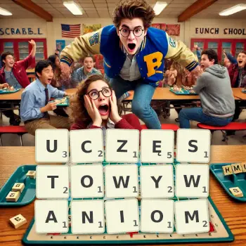 Kreatywna ilustracja do gry w Scrabble ze słowem UCZĘSTOWYWANIOM ułożonym z płytek na planszy.