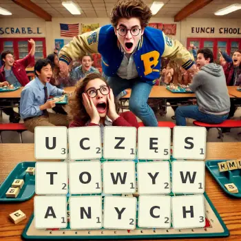 Kreatywna ilustracja do gry w Scrabble ze słowem UCZĘSTOWYWANYCH ułożonym z płytek na planszy.