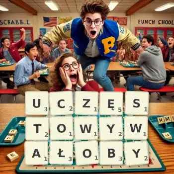 Kreatywna ilustracja do gry w Scrabble ze słowem UCZĘSTOWYWAŁOBY ułożonym z płytek na planszy.