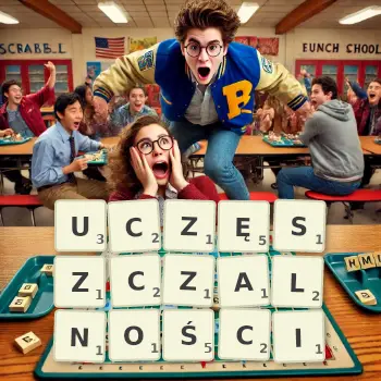 Kreatywna ilustracja do gry w Scrabble ze słowem UCZĘSZCZALNOŚCI ułożonym z płytek na planszy.