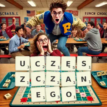 Kreatywna ilustracja do gry w Scrabble ze słowem UCZĘSZCZANEGO ułożonym z płytek na planszy.