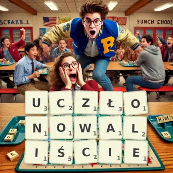 Kreatywna ilustracja do gry w Scrabble ze słowem UCZŁONOWALIŚCIE ułożonym z płytek na planszy.