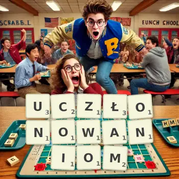 Kreatywna ilustracja do gry w Scrabble ze słowem UCZŁONOWANIOM ułożonym z płytek na planszy.