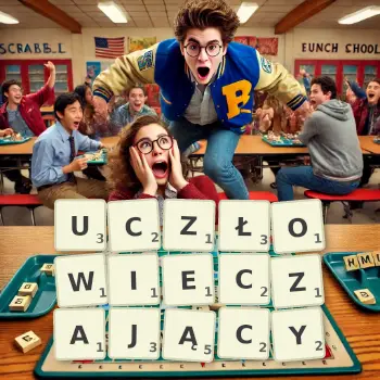 Kreatywna ilustracja do gry w Scrabble ze słowem UCZŁOWIECZAJĄCY ułożonym z płytek na planszy.