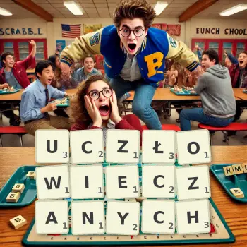 Kreatywna ilustracja do gry w Scrabble ze słowem UCZŁOWIECZANYCH ułożonym z płytek na planszy.