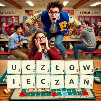 Kreatywna ilustracja do gry w Scrabble ze słowem UCZŁOWIECZAŃ ułożonym z płytek na planszy.