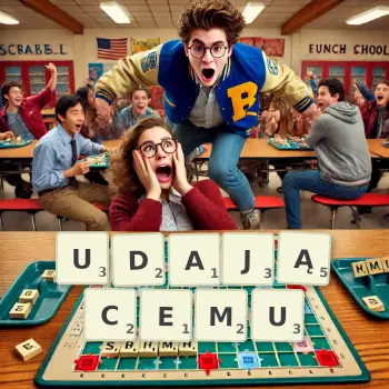 Kreatywna ilustracja do gry w Scrabble ze słowem UDAJĄCEMU ułożonym z płytek na planszy.