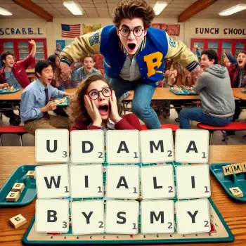 Kreatywna ilustracja do gry w Scrabble ze słowem UDAMAWIALIBYSMY ułożonym z płytek na planszy.