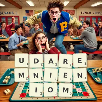 Kreatywna ilustracja do gry w Scrabble ze słowem UDAREMNIENIOM ułożonym z płytek na planszy.