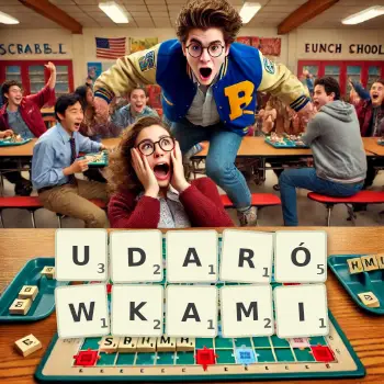 Kreatywna ilustracja do gry w Scrabble ze słowem UDARÓWKAMI ułożonym z płytek na planszy.