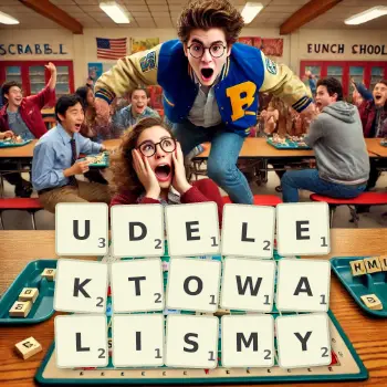 Kreatywna ilustracja do gry w Scrabble ze słowem UDELEKTOWALISMY ułożonym z płytek na planszy.