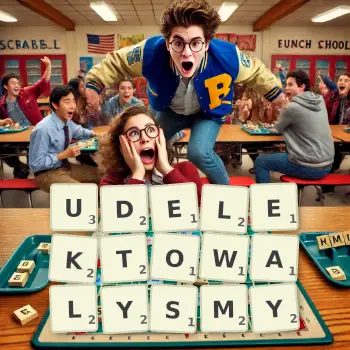 Kreatywna ilustracja do gry w Scrabble ze słowem UDELEKTOWALYSMY ułożonym z płytek na planszy.