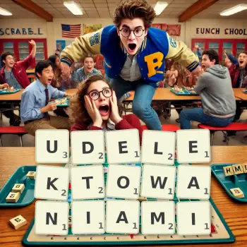 Kreatywna ilustracja do gry w Scrabble ze słowem UDELEKTOWANIAMI ułożonym z płytek na planszy.