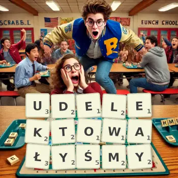 Kreatywna ilustracja do gry w Scrabble ze słowem UDELEKTOWAŁYŚMY ułożonym z płytek na planszy.