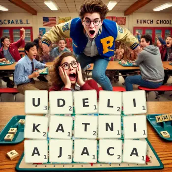 Kreatywna ilustracja do gry w Scrabble ze słowem UDELIKATNIAJACA ułożonym z płytek na planszy.