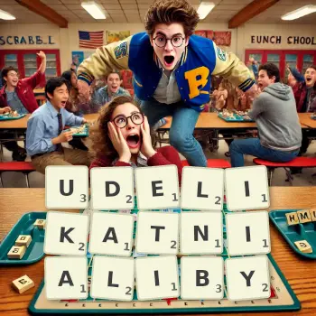 Kreatywna ilustracja do gry w Scrabble ze słowem UDELIKATNIALIBY ułożonym z płytek na planszy.